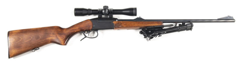 BAIKAL MOD 1ZH18MH RIFLE: 7.62 x 39; s/shot; 23½” barrel; exc bore; standard sights plus a Luger 4 x 32 scope with vg optics; rifle is almost "as new" with a full blue/black finish to all metal; vg stock; complete with foldup bi-pod; gwo & exc cond.