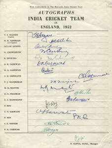 1952 Indian Team to England, official team sheet with 18 signatures including V.S.Hazare (captain), H.R.Adhikari, Gulam Ahmed & Pankaj Roy. Scarce.