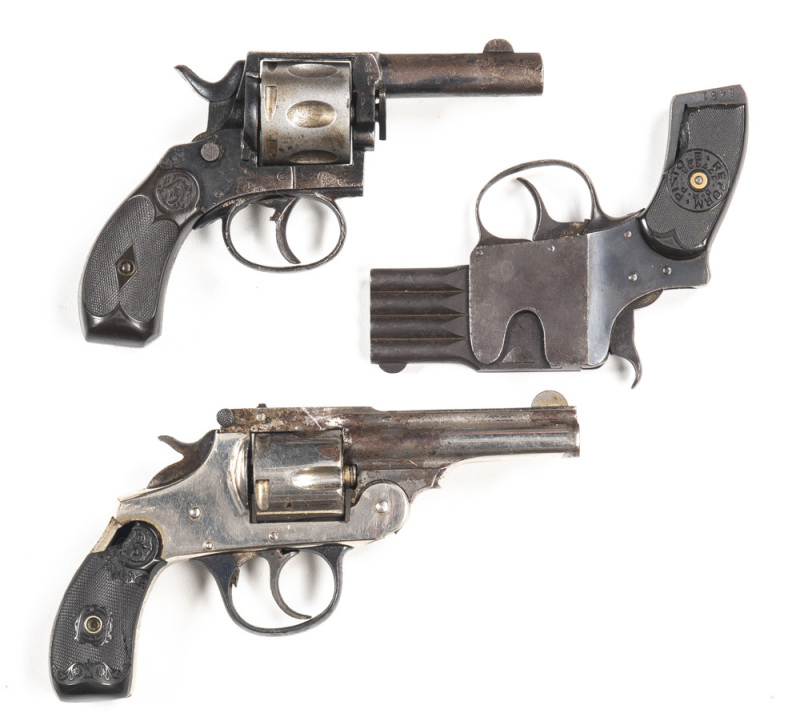 LOT X 3: IVOR JOHNSON TOP BREAK C/F REVOLVER: 38 S&W; 5 shot fluted cylinder; 83mm (3¼") barrel; f. bore; standard sights; plain frame; retaining 85% nickel finish with most losses to top strap; blue finish to t/guard; hard rubber grips with a large chip