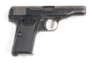 FN BROWNING MOD 1910 S/A POCKET PISTOL: 7.65 Cal; 7 shot mag; 89mm (3½") barrel; g. bore; standard sights, slide address & markings; g. profiles & clear markings; retaining 65% original blue finish with most losses to top of slide & grip frame; gwo & cond