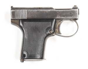 ENGLISH WEBLEY & SCOTT VEST POCKET S/A PISTOL: 25 ACP; 6 shot mag; 45mm (1¾") barrel; g. bore; standard sights, slide address & markings; g. profiles & clear markings; blue/grey finish to slide, plum to frame & t/guard; p. vulcanite grips with a lrg chip 