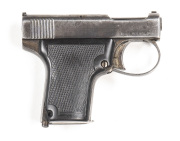 ENGLISH WEBLEY & SCOTT VEST POCKET S/A PISTOL: 25 ACP; 6 shot mag; 45mm (1¾") barrel; g. bore; standard sights, slide address & markings; g. profiles & clear markings; blue/grey finish to slide, plum to frame & t/guard; p. vulcanite grips with a lrg chip