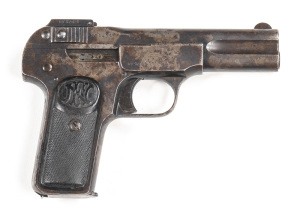 F.N. BROWNING MODEL 1900 S/AUTO POCKET PISTOL: 32 Cal; 7 shot mag; 102mm (4") barrel; p. bore; standard sights, FN slide address & markings; g. profiles & clear markings; patchy blue/grey & plum finish to slide & frame; g. FN hard rubber grips; gwo & fair