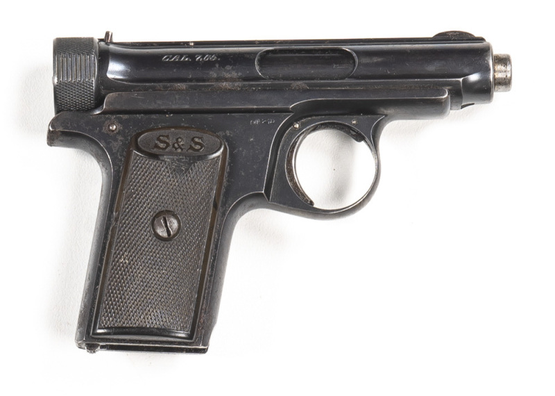 J.P. SAUER & SOHN MOD.1913 S/AUTO POCKET PISTOL: 7.65 Cal; 7 shot mag; 76mm (3") barrel; g. bore; standard sights; J.P. SAUER & SOHN, SUHL to top of barrel; sharp profiles & clear markings; retaining 95% original blue finish; vg S&S black plastic grips; n