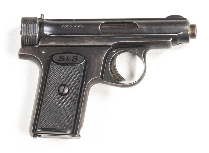 J.P. SAUER & SOHN MOD.1913 S/AUTO POCKET PISTOL: 7.65 Cal; 7 shot mag; 76mm (3") barrel; g. bore; standard sights; J.P. SAUER & SOHN SUHL to top of barrel; sharp profiles & clear markings; retaining 75% original blue finish with most losses to grip frame