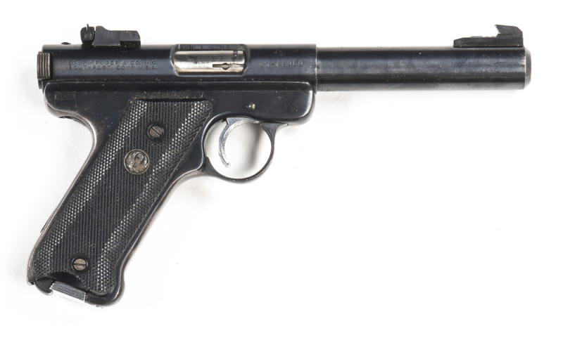 STURM RUGER MKI S/A R/F PISTOL: 22 R/F; 9 shot mag; 140mm (5½") round bull barrel; g. bore; standard sights, frame address & markings; vg profiles & clear markings; retains 80% original blacked finish; vg chequered black plastic grips; gwo & vg cond.