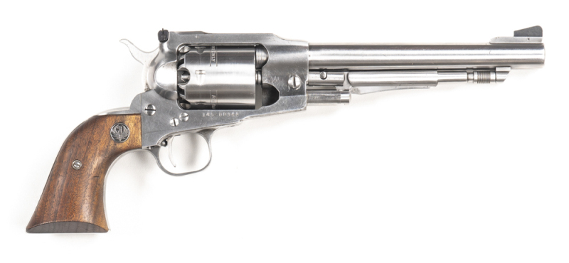 RUGER OLD ARMY STAINLESS STEEL PERCUSSION REVOLVER: 45 Cal; 6 shot non fluted cylinder; 190mm (7½") round barrel; vg bore; standard sights; barrel address & RUGER OLD ARMY to lhs of frame; sharp profiles & clear marking; stainless polished finish to all o
