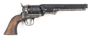 A. UBERTI COLT 1851 NAVY PERCUSSION REVOLVER: 36 Cal; 6 shot non fluted cylinder; 190mm (7½") octagonal barrel; g. bore; standard sights & markings; retaining 98% blue finish to barrel, t/guard, back strap & cylinder with a slight drag mark; vivid case co