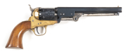 A. UBERTI COLT 1851 NAVY BRASS FRAMED PERCUSSION REVOLVER: 36 Cal; 6 shot non fluted cylinder; 190mm (7½") octagonal barrel; vg. bore; standard sights, address & markings; vg profiles & markings; retaining all original blue finish to barrel & cylinder; me