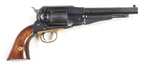 UBERTI 1858 REMINGTON PERCUSSION REVOLVER: 36 Cal; 6 shot cylinder; 165mm (6½") octagonal barrel; g. bore; standard sights; brass t/guard; steel back strap; retaining 95% original blue finish with drag mark to cylinder; vg walnut grips gwo & vg+ cond. 
