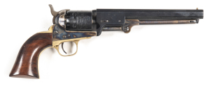 UBERTI 1851 COLT NAVY PERCUSSION REVOLVER: 36 Cal; 6 shot cylinder; 190mm (7½") octagonal barrel; g. bore; standard sights; brass t/guard & back strap; retaining 95% blue to cylinder & barrel; vivid case colours to lever & frame; gwo & vg+ cond. #