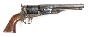 NAVY ARMS 1861 NAVY PERCUSSION REVOLVER: 36 Cal; 6 shot cylinder; 190mm (7½") round barrel; g. bore; standard sights; brass t/guard & back strap; g. profiles & markings; retaining 60% orig blue finish with most losses to the rhs of barrel; g. case colours