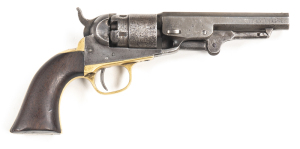 COLT MODEL 1862 PERCUSSION POCKET NAVY REVOLVER: 36 Cal; 5 shot cylinder; 114mm (4½") octagonal barrel; f. bore; one line New York address; COLTS PATENT to lhs of frame; brass back strap & t/guard marked 36 CAL; g. profiles & clear markings; grey patina t