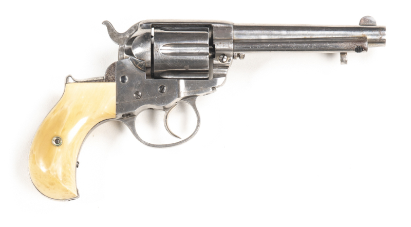 COLT 1877 THUNDERER CF REVOLVER: 41 Cal; 6 shot fluted cylinder; 114mm (4½") round barrel; 2 line HARTFORD address, COLTS PATENT to lhs of frame; COLT D.A. 41 to lhs of barrel; g. profiles & markings; back strap inscribed J.S.HUDSON; retaining 85% nickel