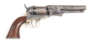 COLT 1849 POCKET PERCUSSION REVOLVER: 31 Cal; 6 shot cylinder displaying 50% visible scene; 127mm (5") octagonal barrel with standard sights, one line NEW YORK address & COLTS PATENT to lhs of frame; brass t/guard & back strap; English proofs to barrel &