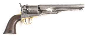 COLT 1861 NAVY PERCUSSION REVOLVER: 36 Cal; 6 shot cylinder with only remnants of scene visible; 190mm (7½") round barrel; f. to g, bore; one line NEW YORK address & COLTS PATENT to lhs of frame; mellow brass t/guard & back strap; silver grey finish to ba
