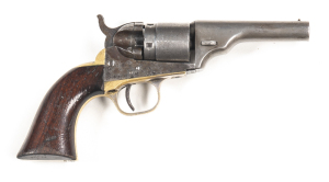 COLT POCKET NAVY CONVERSION REVOLVER: 38 R/F; 5 shot rebated cylinder displaying 75% scene; 89mm (3½") round barrel; g. bore; with two line HARTFORD address & COLTS PATENT dates to lhs of frame; brass t/guard with scarce double CAL markings of 31 CAL & a