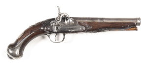 CONTINENTAL MIQUELET CONVERSION TO PERCUSSION BELT PISTOL: 700 Cal; 7½", 2 stage iron barrel with cannon muzzle; possibly Italian a gun maker's mark to the breech; borderline engraved lock with external main spring; ornate hammer in the form of a fish; st