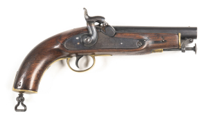 SCARCE VICTORIA POLICE CONSTABULARY PERCUSSION PISTOL: 577 Cal; 6" barrel; g. bore; plain borderline engraved lock marked WILKINSON; brass regulation trigger guard inscribed B over 10, (Geelong Police district); slight wear to profiles & clear markings; b