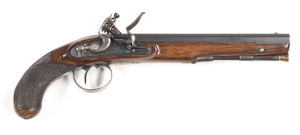 ENGLISH RYAN & WATSON FULL STOCKED S/B FLINTLOCK COACH PISTOL: 18 bore; 9¼" octagonal barrel with silver bead front sight & notched rear sight to barrel tang; top barrel flat inscribed LONDON; stepped lock plate with bolted safety & marked RYAN & WATSON;