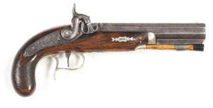U.S. N.A. SMITH S/B PERCUSSION PISTOL: 38 bore; 6½" octagonal fine wire twist barrel with top barrel flat inscribed LONDON; f to g bore with clear rifling; one silver & one fine gold band to the breech; dovetail front sight & notched rear sight to the tan