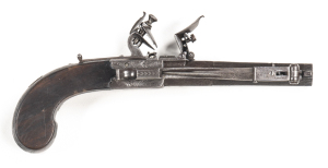 ENGLISH HENRY NOCK BOXLOCK CENTRE HAMMER FLINTLOCK POCKET PISTOL: 38 bore; 4½" barrel with side mounted spring bayonet & belt hook to lhs: action engraved with trophies, flags & drums & fitted with a concealed folding trigger, sliding top safety & re-info