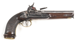 ITALIAN MIQUELET TRAVELLING PISTOL: 70 Cal; 7¼" barrel; f. bore; borderline engraved lock plate with external spring & fittings; ornate cock with borderline engraving & fitted with an internal pan; brass t/guard engraved with trophies & flags & a floral t