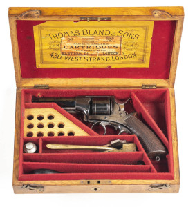 CASED LONDON ARMOURY CO WEBLEY SOLID FRAME C/F REVOLVER: 442 Cal; 6 shot non fluted cylinder; 114mm (4½") octagonal barrel; f to g bore; standard sights & struck with London proofs; WEBLEY'S PATENT to lhs barrel lug; top strap inscribed LONDON ARMOURY CO 