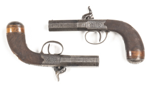 ENGLISH MATCHED PAIR OF PERCUSSION S/B MAN-STOPPER PISTOLS by GEORGE & JOHN DEANE: 60 Cal; 2" octagonal barrel inscribed GEORGE & JOHN DEANE 46 KING WILLIAM ST LONDON BRIDGE; struck with ELG Belgium proofs; g. bores; boxlock side hammer actions with borde