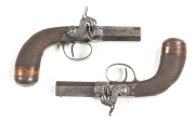 ENGLISH MATCHED PAIR OF PERCUSSION S/B MAN-STOPPER PISTOLS by GEORGE & JOHN DEANE: 60 Cal; 2" octagonal barrel inscribed GEORGE & JOHN DEANE 46 KING WILLIAM ST LONDON BRIDGE; struck with ELG Belgium proofs; g. bores; boxlock side hammer actions with borde - 2