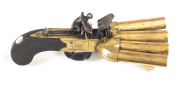 RARE 4 BARREL D.EGG FLINTLOCK DUCKFOOT PISTOL: 38 bore; 2 5/8" splayed, round brass barrels, numbered, 1, 2, 3 & final barrel not numbered; The Gunmaker's Company London struck to the breech; brass borderline engraved centre hammer boxlock action; lhs ins - 2