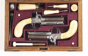 EXCELLENT CASED PAIR OF W.R.PAPE OF NEWCASTLE-ON-TYNE S/B PERCUSSION GREAT COAT PISTOLS: 3" octagonal damascus barrels with captive ramrods; g. bores; ivory bead front sights; top barrel flats inscribed W.R.PAPE NEWCASTLE-ON-TYNE; foliate engraved boxlock