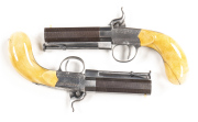 EXCELLENT CASED PAIR OF W.R.PAPE OF NEWCASTLE-ON-TYNE S/B PERCUSSION GREAT COAT PISTOLS: 3" octagonal damascus barrels with captive ramrods; g. bores; ivory bead front sights; top barrel flats inscribed W.R.PAPE NEWCASTLE-ON-TYNE; foliate engraved boxlock - 2