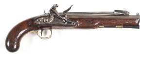 ENGLISH I. FIELD FULL STOCKED FLINTLOCK TRAVELLING PISTOL: 60 Cal; 9" octagonal barrel with THE GUNMAKERS COMPANY LONDON proofs to the beech & fitted with a top mounted spring bayonet; stepped lock plate with sun burst & foliage engraving & inscribed I. F