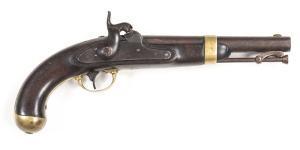 U.S. H.ASTON MODEL 1842 PERCUSSION MILITARY PISTOL: 54 Cal; 8½" round barrel with captive rod; p. bore; lock marked U.S. H.ASTON MIDDtn CONN 1849; mellow brass regulation t/guard & furniture; slight wear to profiles & lock markings; light brown patina to 