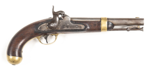 U.S. I.N.JOHNSON MODEL 1842 PERCUSSION MILITARY PISTOL: 54 Cal; 8½" round barrel with captive rod & single brass barrel band; f to g bore; lock marked U.S. I.N.JOHNSON & dated 1854 MIDDtn CONN; mellow brass regulation t/guard & furniture; slight wear to p