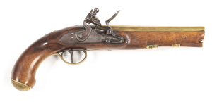 W. KETLAND LONDON FULL STOCKED OFFICER'S FLINTLOCK PISTOL: 550 Cal; 7½" round brass barrel inscribed LONDON VIII with English proofs to the breech; flat lock plate inscribed W.KETLAND & CO; fitted with a swan necked cock & integral pan; brass t/guard & fu