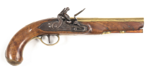 W. KETLAND LONDON FULL STOCKED OFFICER'S FLINTLOCK PISTOL: 550 Cal; 7½" round brass barrel inscribed LONDON VIII with English proofs to the breech; flat lock plate inscribed W.KETLAND & CO; fitted with a swan necked cock & integral pan; brass t/guard & fu
