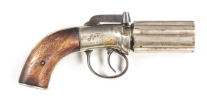 COLLINS PERCUSSION PEPPERBOX PISTOL: 38ML; 6 shot barrel cluster; 57mm (2¾") barrel; g. bores; centre hammer action with lhs inscribed COLLINS MAKER & struck with Birmingham proofs to the barrel cluster; German silver frame, back strap & cluster; plain w