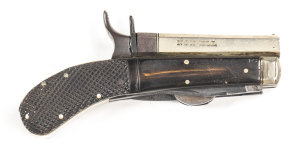 UNWIN & RODGERS S/B R/F KNIFE PISTOL: 25RF; 89mm (3½") octagonal German silver barrel inscribed NON-XL, obverse side UNWIN & RODGERS PATENTEES SHEFFIELD with 25 Cal liner; poor bore; g. twin blades with light staining; vg chequered grips & horn side plate