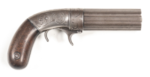 U.S. BACON & CO PEPPERBOX PERCUSSION PISTOL: 31ML; 6 shot barrel cluster; 83mm (3¼") barrels inscribed BACON & CO NORWICH C.T.; g. bores; integral nipples; foliate engraved round body action with under hammer action;
