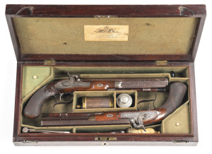 CASED PAIR OF STEVENS ENGLISH HALF STOCKED PERCUSSION DUELLING PISTOLS: 500 Cal; 10" damascus octagonal barrels, g. bores; small dovetail blade front sights & notched rear sights at the tangs; twin gold bands to the breeches; top barrel flats inscribed ST