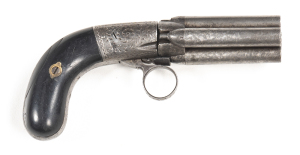 MARIETTE BREVETTE PERCUSSION PEPPERBOX PISTOL: 40ML; 4 shot; 63mm (2½") damascus barrel cluster; poor bores; round body action with ring trigger & foliate engraving; slight wear to profiles; clear engraving; silver grey finish to barrels, action, back str