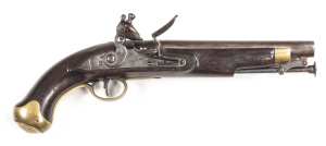 BRITISH TOWER NEWLAND PATT FLINTLOCK PISTOL: 650 Cal; 9" barrel fitted with a captive rod & proofs to the breech; stepped lock marked TOWER GR, ROYAL CYPHER; fitted with a re-inforced cock & integral pan; mellow brass regulation furniture; vg profiles, cl