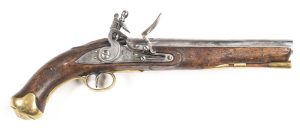 BRITISH E.I.C. LT. DRAGOON FLINTLOCK PISTOL: 16 bore; 9" barrel; LONDON proofs to breech; borderline engraved lock dated 1811 & Rampant Lion trade mark of the E.I.C.; a re-inforced cock & integral pan fitted; lightly polished brass regulation furniture; s