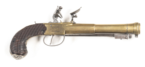 FINE, TWIGG, SILVER MOUNTED, BRASS BARREL & ACTION BLUNDERBUSS FLINTLOCK PISTOL: 6 bore; 7" octagonal to round barrel with cannon shaped muzzle, side mounted & ivory tipped rod & folding bayonet under; TWIGG engraved to lhs of boxlock action with a stand 