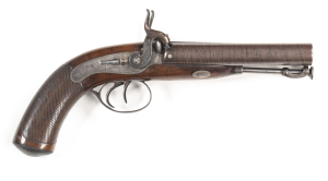 ENGLISH D.EGG D/B PERCUSSION TRAVELLING PISTOL: 650 Cal; f to g smooth bores; 140mm (5½") barrels with a clear damascus pattern & D.EGG 4 PALL MALL LONDON inlaid in gold to central rib; foliate engraved back action locks fitted with bolted safeties & insc