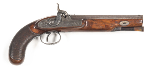 ENGLISH I.BLANCH S/B FULL STOCKED PERCUSSION TRAVELLING PISTOL: 550 Cal; g. smooth bore; 7" damascus barrel with a distinctive pattern; barrel fitted with a dovetail front sight & notched rear sight at the breech; top barrel flat inscribed I.BLANCH 29 GRA