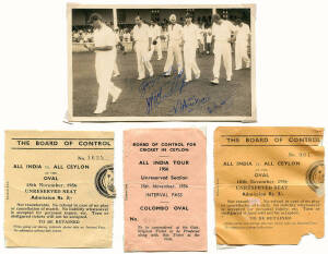 1956 Indian Team to Sri Lanka, "S.P.Foenander MBE" letterhead with 15 signatures including V.S.Hazare (captain), H.R.Adhikari, Gulam Ahmed & Pankaj Roy. Together with photograph of the team entering the field with 5 signatures & match tickets (3). Scarce 