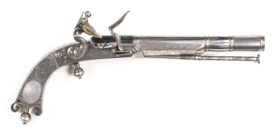 SCOTTISH ALL STEEL FLINTLOCK BELT PISTOL by CAMPBELL EDINBURGH: 550 Cal; 8¼", 4 stage barrel, the breech with a fire blue finish & inscribed in gold CAMPBELL EDINBURGH; vg clean bore; lock plate fitted with a bolted safety with foliate panels & inscribed 